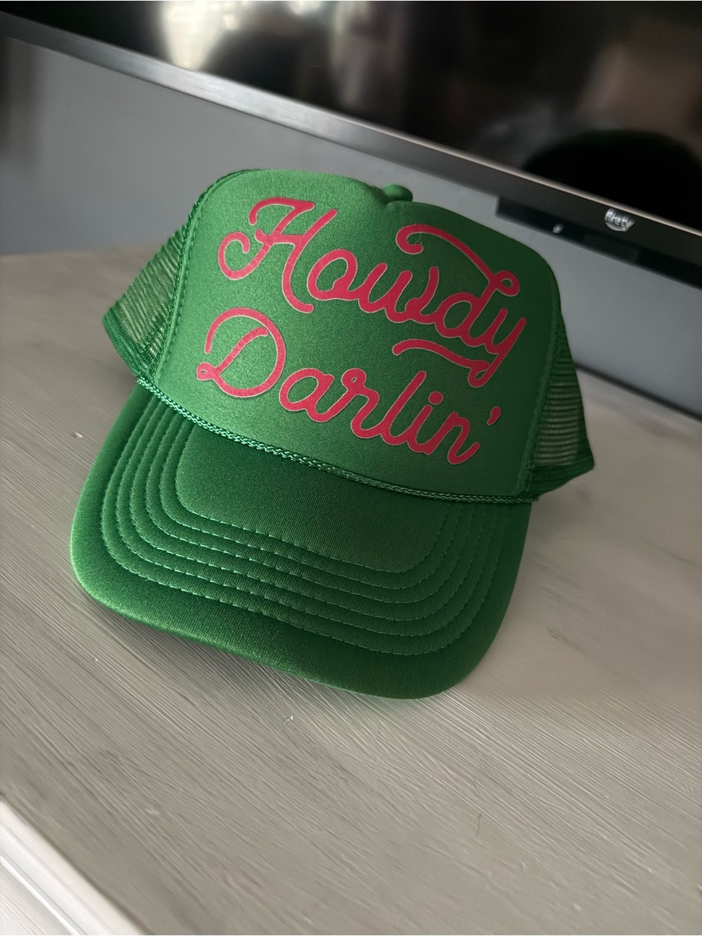 Howdy Darlin' Green Trucker Hat with Pink Script